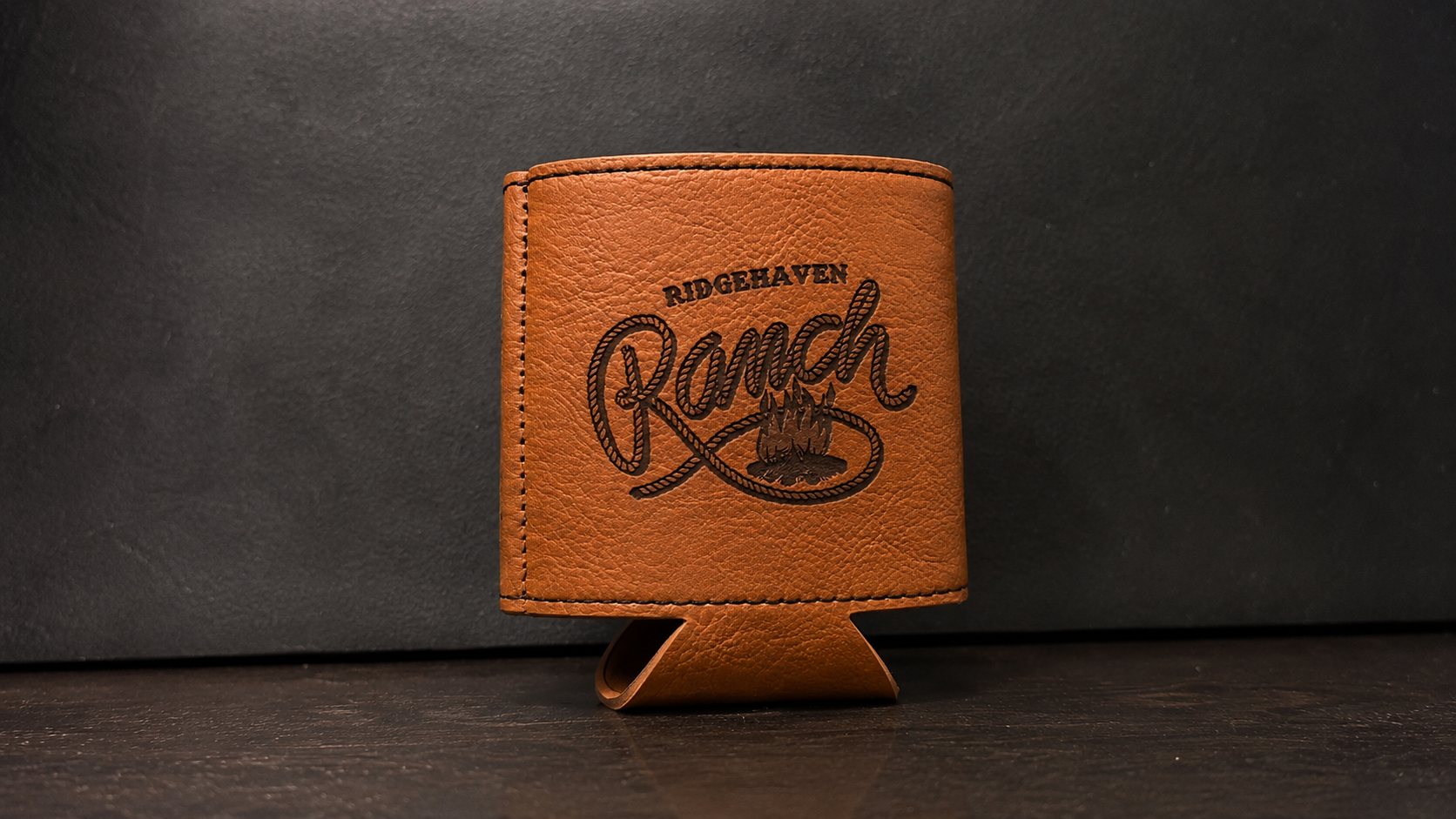 Leather koozie with custom ranch brand engraving